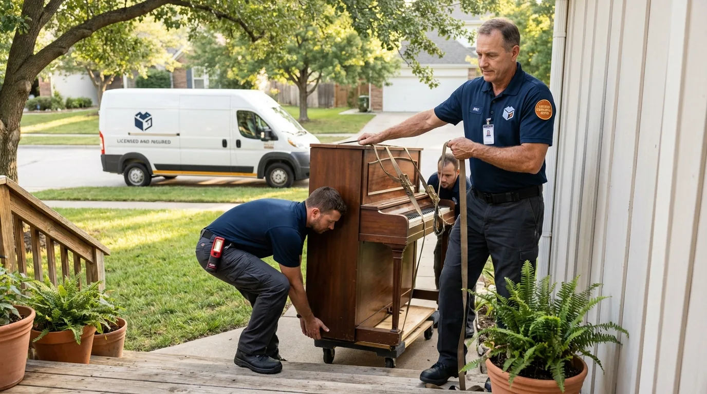 Licensed piano movers securing grand piano in Idaho City, ID
