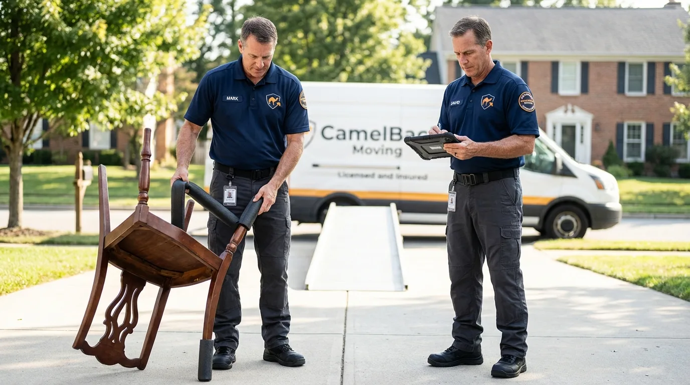 Movers inspecting furniture for damage prevention before loading in Idaho City, ID