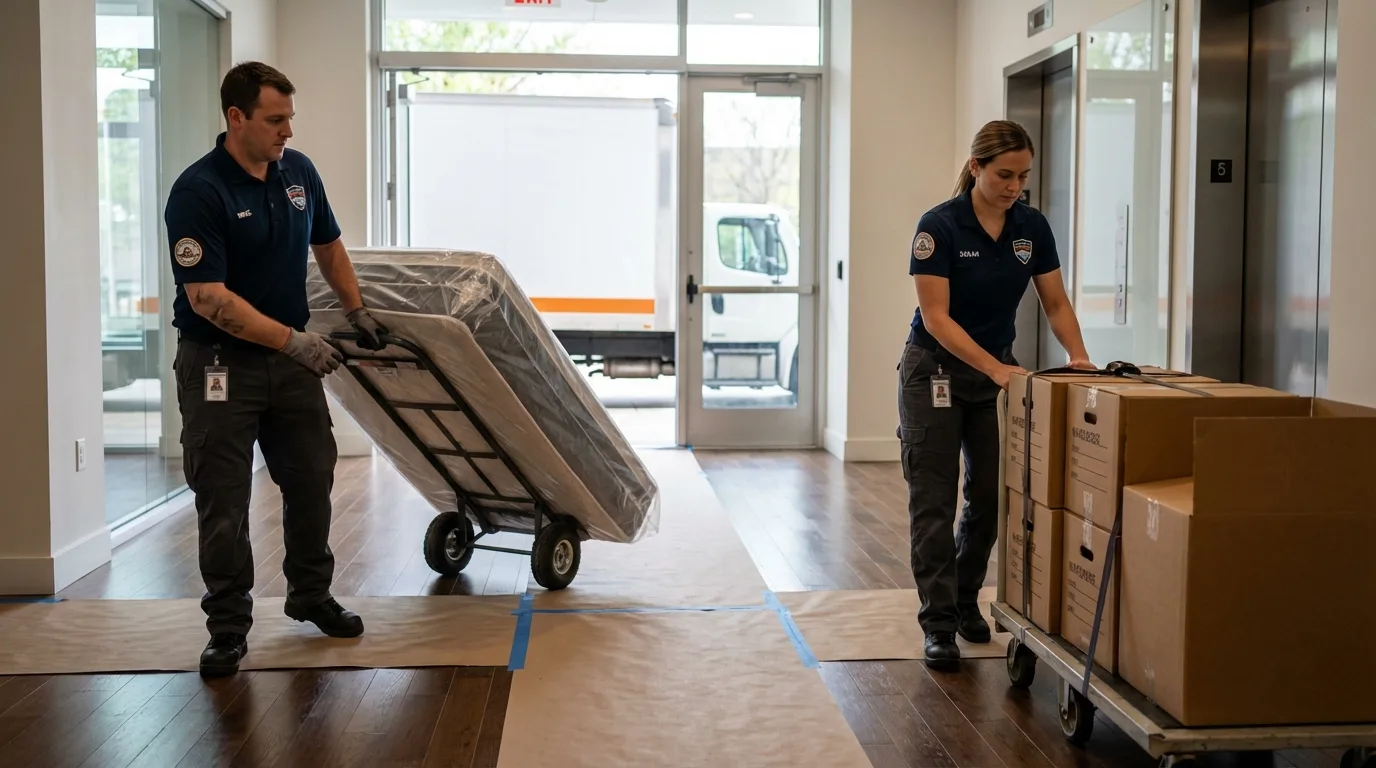 Professional apartment movers loading elevator in Idaho City, ID
