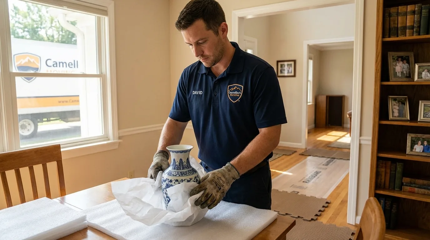 Professional crew carefully wrapping antique vase for senior downsizing move in Idaho City, ID